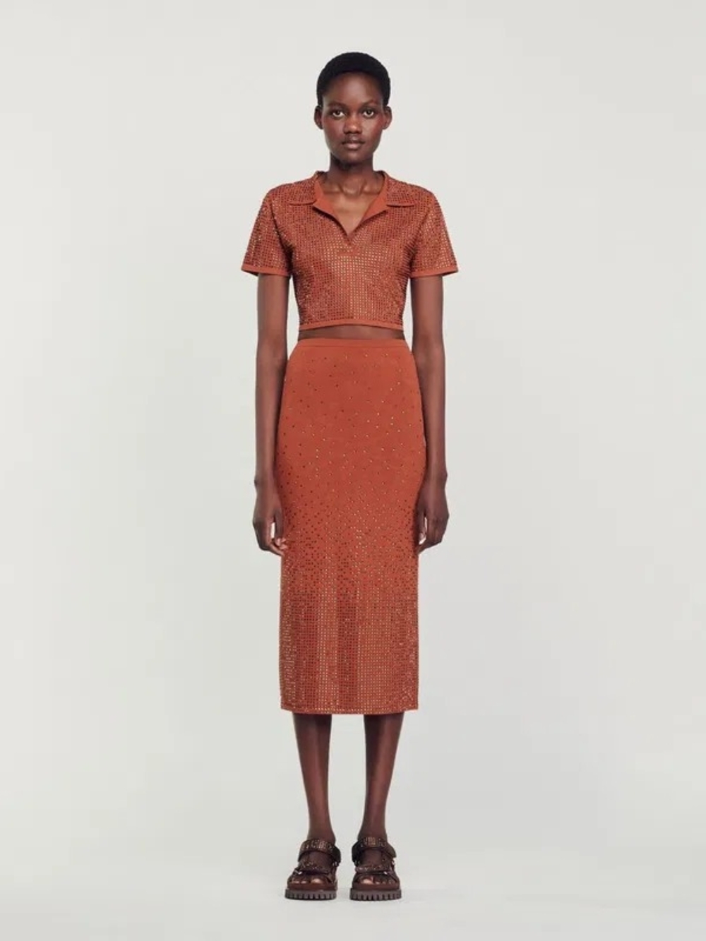 Sandro Embellished Rhinestone Skirt Rust Orange Brown